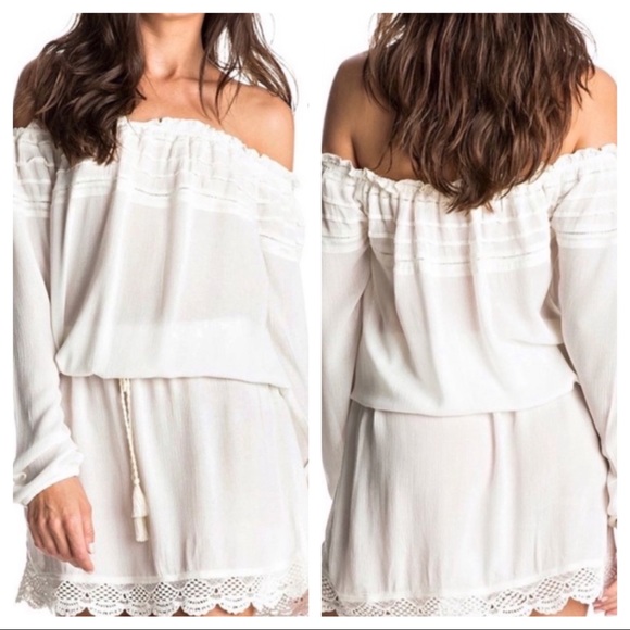 Ivory Drawstring Drop Waist Off-The-Shoulder Dress - Picture 3 of 8